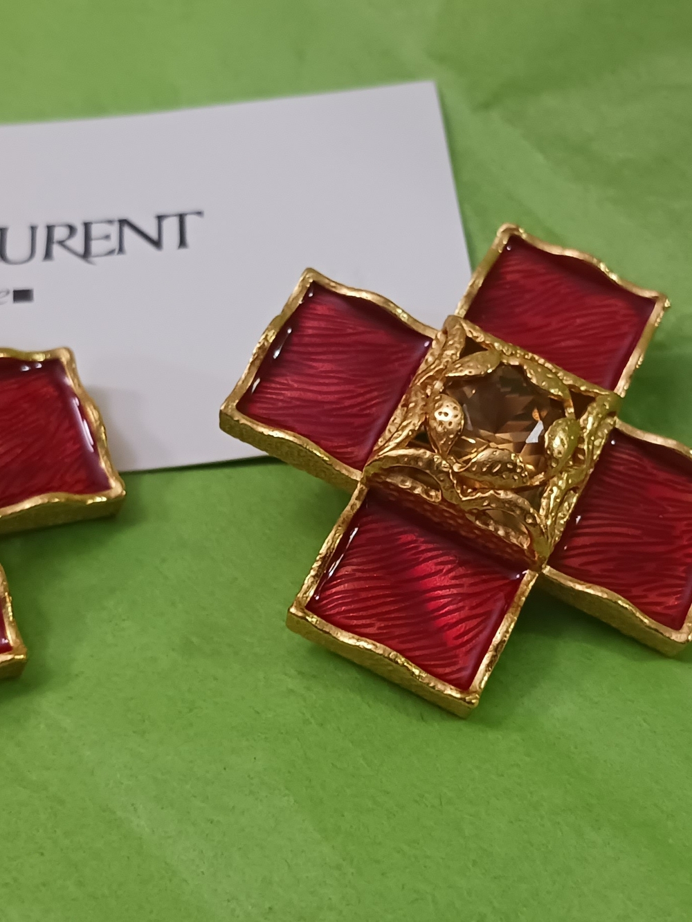 Red and Gold Statement Cross Earrings by Saint Laurent Clip Ons Made In FRANCE - Picture 7 of 13